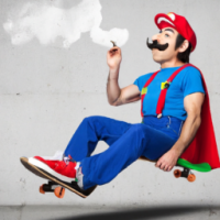 super mario smoking a joint riding a skateboard