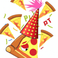 A pizza with a party hat throwing a pizza party