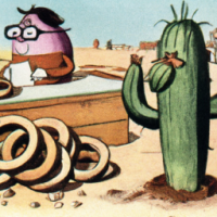 A cactus sitting next to onion rings in a farm, 1960s Cartoon