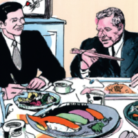 Ronald Reagan eating sushi with john wayne