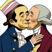 realistic image of George Washington Kissing Abraham Lincoln